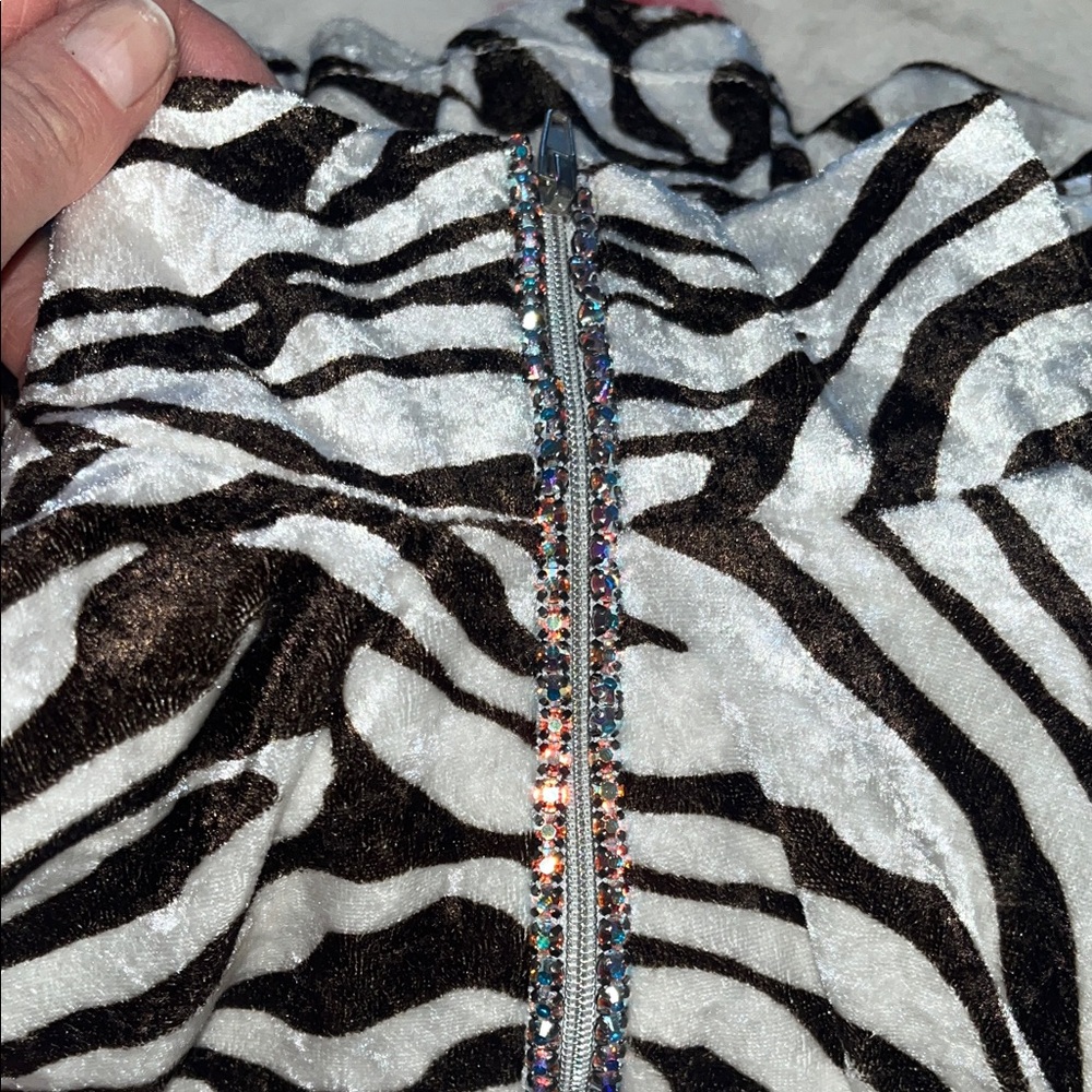 Zebra Print Velvet Zip-Front Women's Top with Rhinestone Trim - White & Black